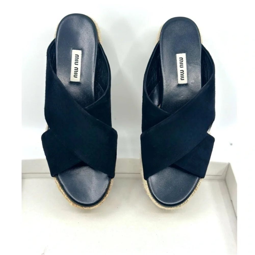 MIU MIU Suede Espadrille Platform Slip on Slides Sandals Black size 8 NEW